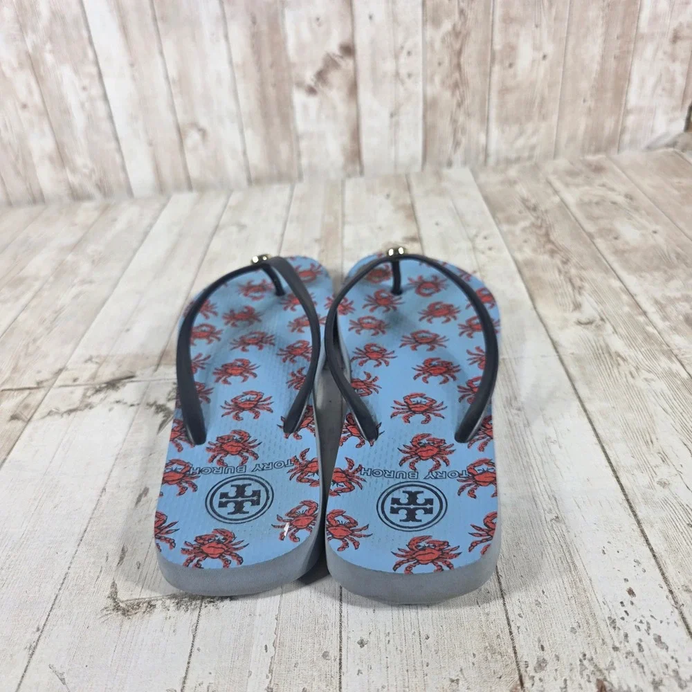 Tory Burch Womens‎ Crab Print Flip Flop Sandals Blue Red Gold Logo Thong Shoes